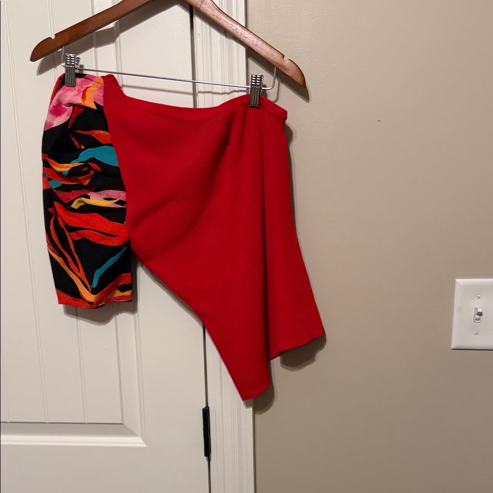 Red Asymmetric One shoulder top with Multicolor Printed Sleeve